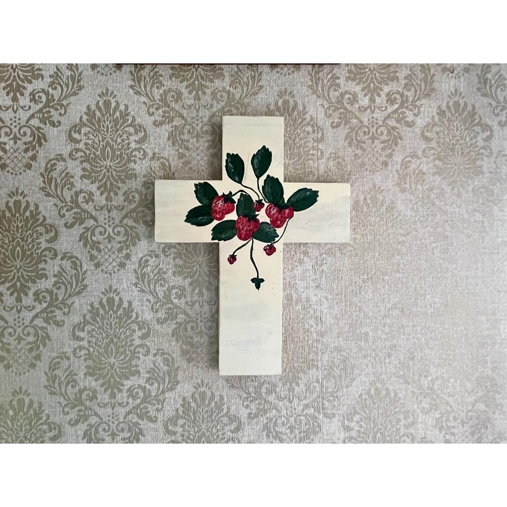 Vintage Retro Folk Art Hand‑Painted Wooden Cross with Strawberries Cottage